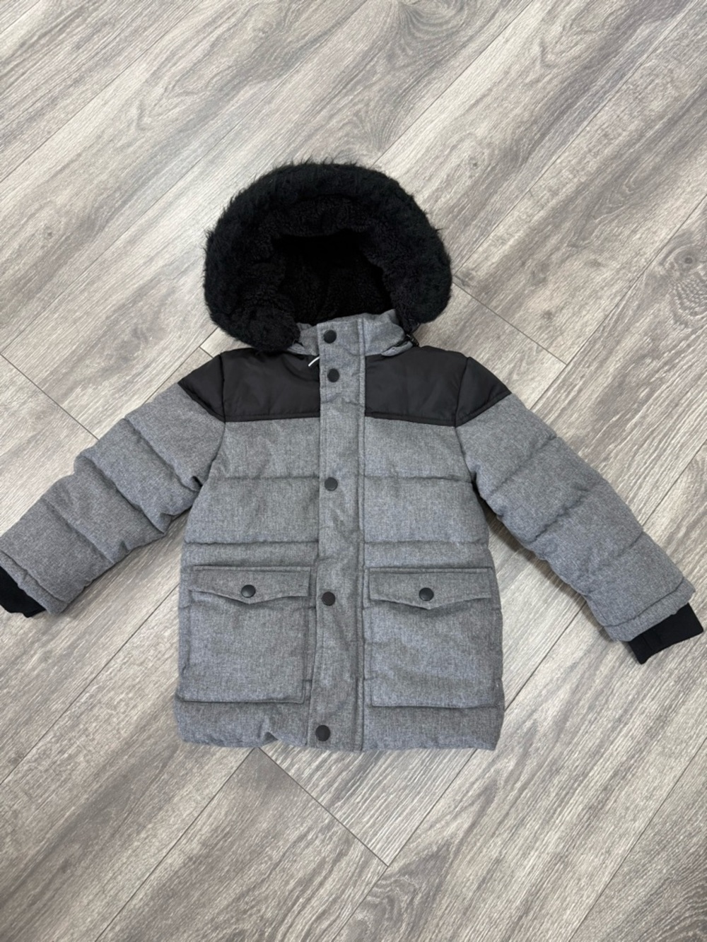 Kids Grey Puffer Jacket with Black Hood Trim